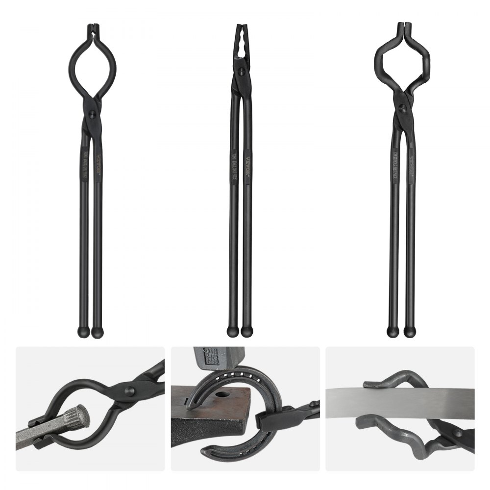 VEVOR Blacksmith Tongs, 18” 3 PCS, V-Bit Bolt Tongs, Wolf Jaw Tongs and Z V-Bit Tongs, Carbon Steel Forge Tongs with A3 Steel Rivets, for Beginner and Seasoned Blacksmiths, Bladesmiths and Craftsmen - DVBITWOLFZV18KW80V0