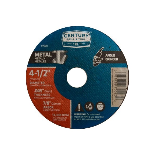 Rueda de corte para taladro Century Drill, 4-1/2" x 7/8" de óxido de aluminio - 75523