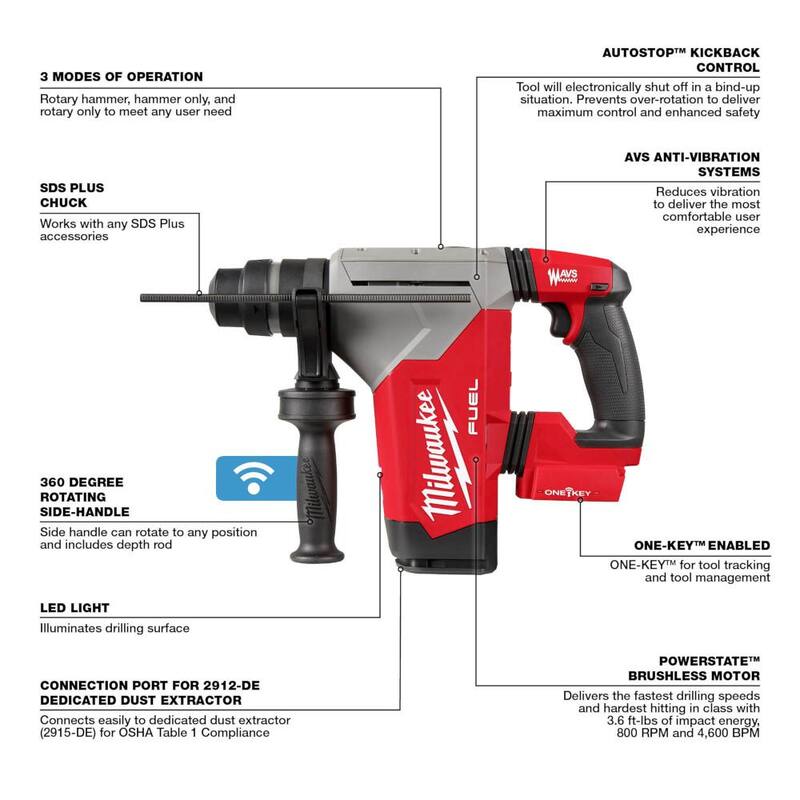Milwaukee M18 FUEL 18V Lithium-Ion Brushless Martillo Rotativo SDS-Plus inalámbrico de 1-1/8 pulgadas con llave de impacto de 1/2 pulgadas - 2915-20-2962-20