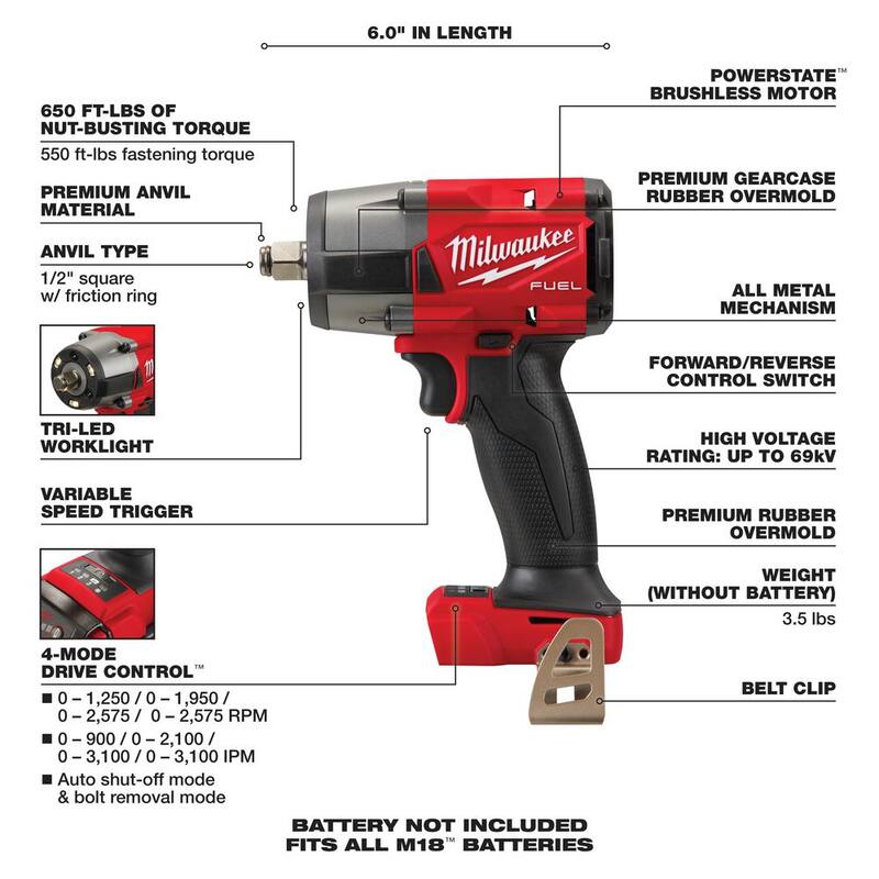 Milwaukee M18 FUEL 18V Lithium-Ion Brushless Martillo Rotativo SDS-Plus inalámbrico de 1-1/8 pulgadas con llave de impacto de 1/2 pulgadas - 2915-20-2962-20