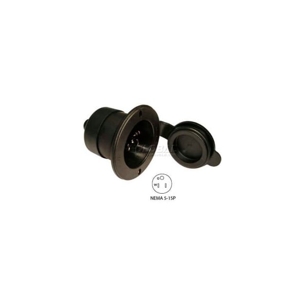 Conntek Conntek 80101-BCBK, 15-Amp Straight Blade Flanged Inlet with NEMA 5-15P Male Plug, 2 Pole- 3 Wire - 80101-BCBK