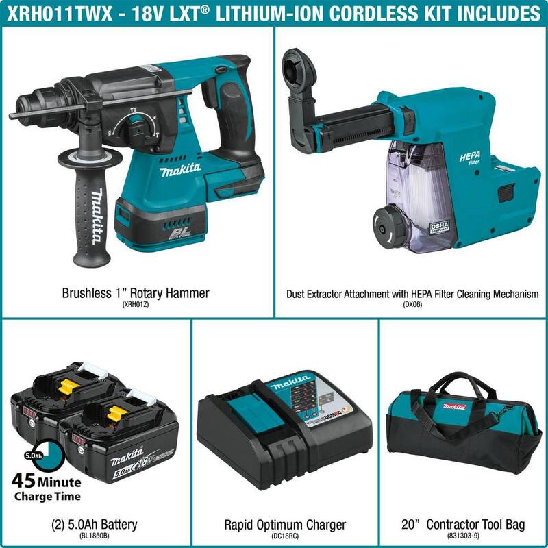 Kit de martillo rotativo inalámbrico Makita 18V 5.0 Ah LXT de iones de litio sin escobillas de 1 pulgada, acepta SDS-PLUS, con accesorio extractor de polvo HEPA - XRH011TWX