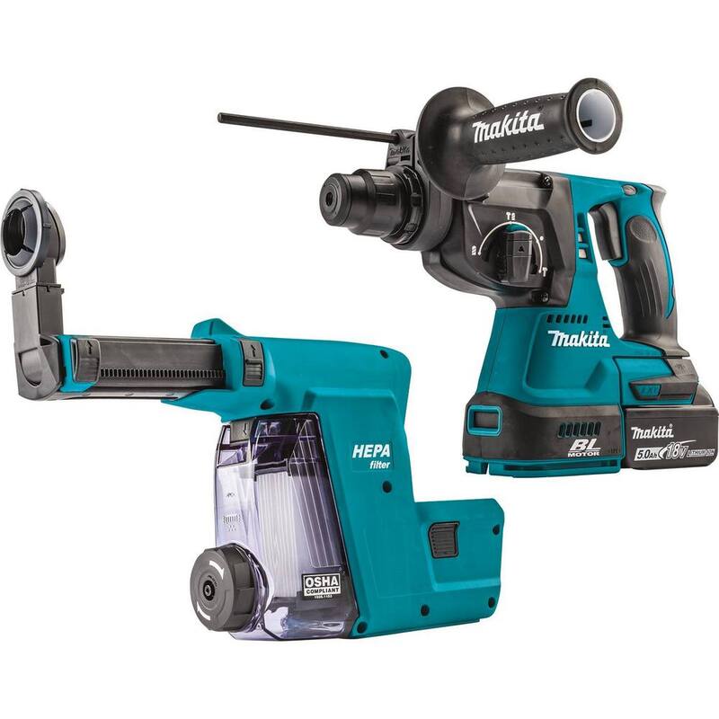 Kit de martillo rotativo inalámbrico Makita 18V 5.0 Ah LXT de iones de litio sin escobillas de 1 pulgada, acepta SDS-PLUS, con accesorio extractor de polvo HEPA - XRH011TWX