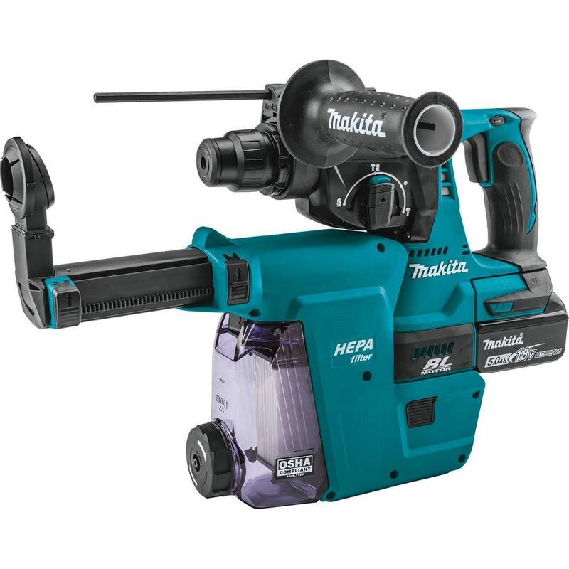 Kit de martillo rotativo inalámbrico Makita 18V 5.0 Ah LXT de iones de litio sin escobillas de 1 pulgada, acepta SDS-PLUS, con accesorio extractor de polvo HEPA - XRH011TWX