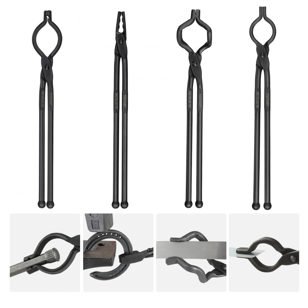 VEVOR Blacksmith Tongs, 18” 4 PCS, V-Bit Bolt Tongs, Wolf Jaw Tongs, Z V-Bit Tongs and Gripping Tongs, Carbon Steel Forge Tongs with A3 Steel Rivets, for Beginner and Seasoned Blacksmiths, Bladesmiths - DVBITWOLFZV18ZMZUV0