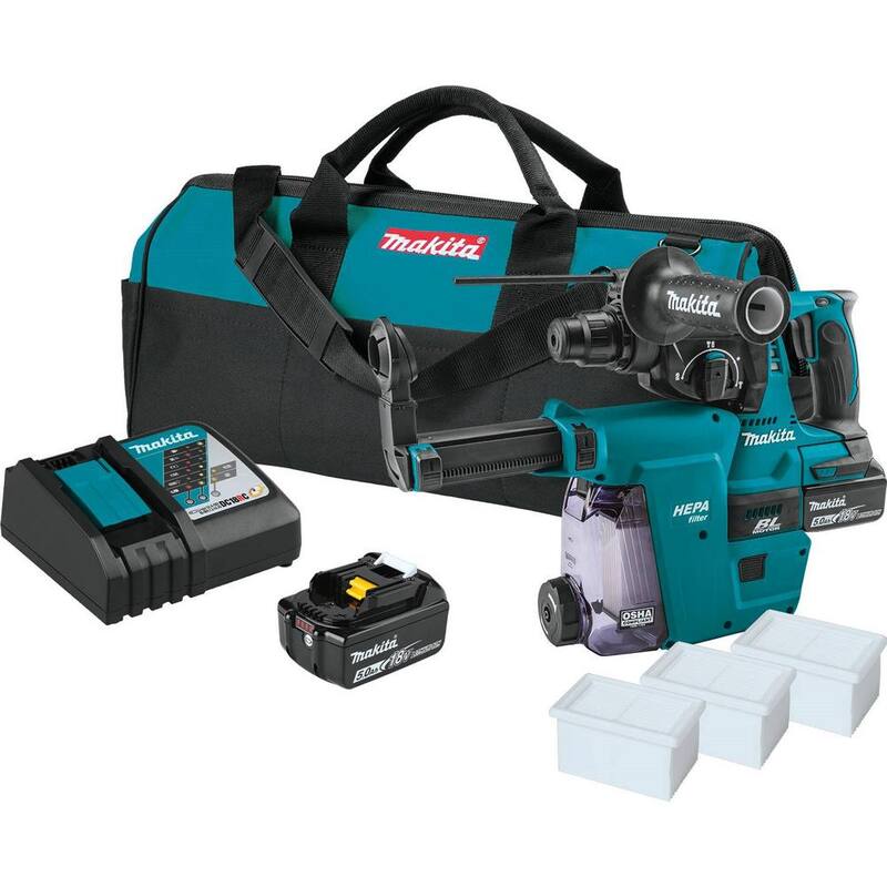 Kit de martillo rotativo inalámbrico Makita 18V 5.0 Ah LXT de iones de litio sin escobillas de 1 pulgada, acepta SDS-PLUS, con accesorio extractor de polvo HEPA - XRH011TWX