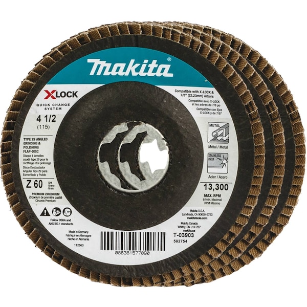 Disco de aletas Makita X-LOCK de 4 1/2" Tipo 29, grano 60 - T-03903-3