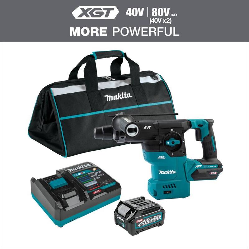 Martillo rotativo inalámbrico sin escobillas Makita 40V max XGT de 1-3/16 pulgadas, kit con AFT, Capacidad AWS (4.0Ah) - GRH08M1