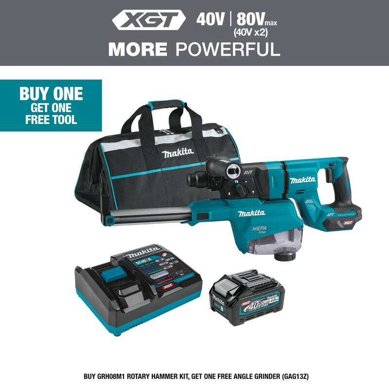 Martillo rotativo inalámbrico sin escobillas Makita 40V max XGT de 1-3/16 pulgadas, kit con AFT, Capacidad AWS (4.0Ah) - GRH08M1
