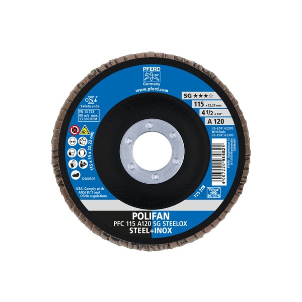 Disco de láminas POLIFAN® de 4-1/2" x 7/8" A.H. - A SG STEELOX, óxido de aluminio, 120 Grano, Cónico - 62205