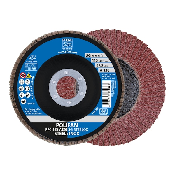 Disco de láminas POLIFAN® de 4-1/2" x 7/8" A.H. - A SG STEELOX, óxido de aluminio, 120 Grano, Cónico - 62205