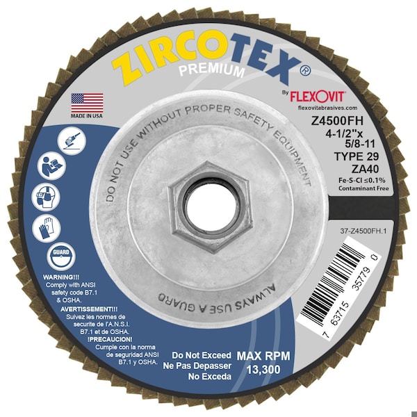 Disco de láminas Flexovit ZIRCOTEX 4-1/2 pulgadas X5/8-11 - Z4500FH