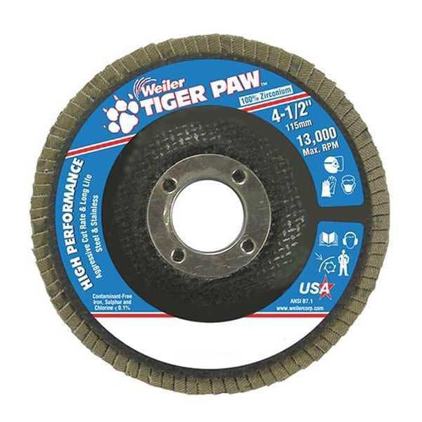 Weiler 4-1/2" Disco de Solapa Cónica (TY29) con Respaldo Fenólico 40z Agujero de 7/8" para Arbor - 51119V