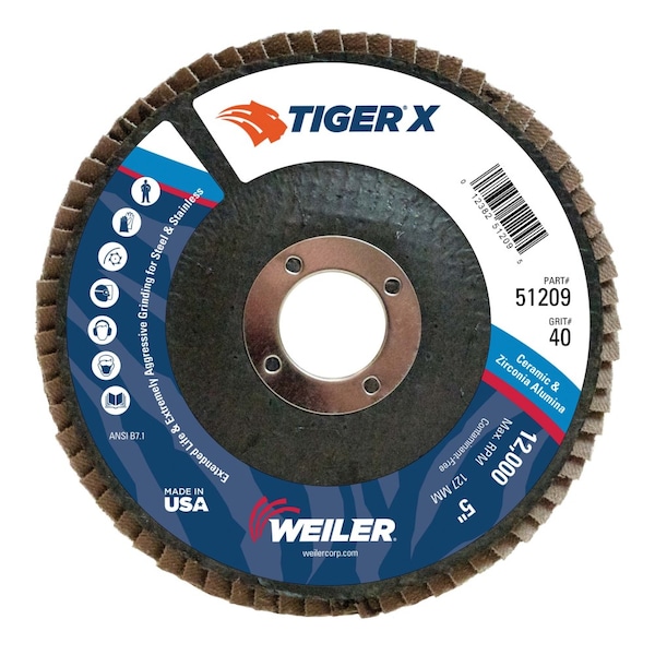 Weiler 5" Tiger X Flap Disc, Conical (TY29), Respaldo Fenólico, 40Z, 7/8" - 51209