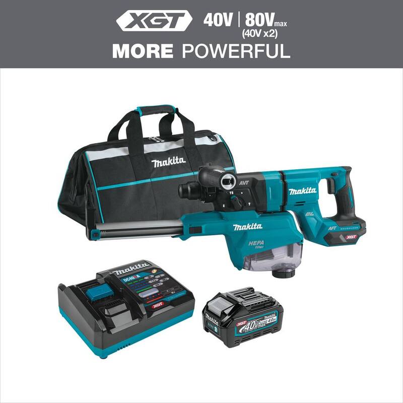 Martillo rotativo Makita inalámbrico sin escobillas XGT de 40V máximo con 1-1/8 pulgadas (empuñadura en D) Kit con extractor de polvo, AFT, capaz de AWS (4.0Ah) - GRH07M1W
