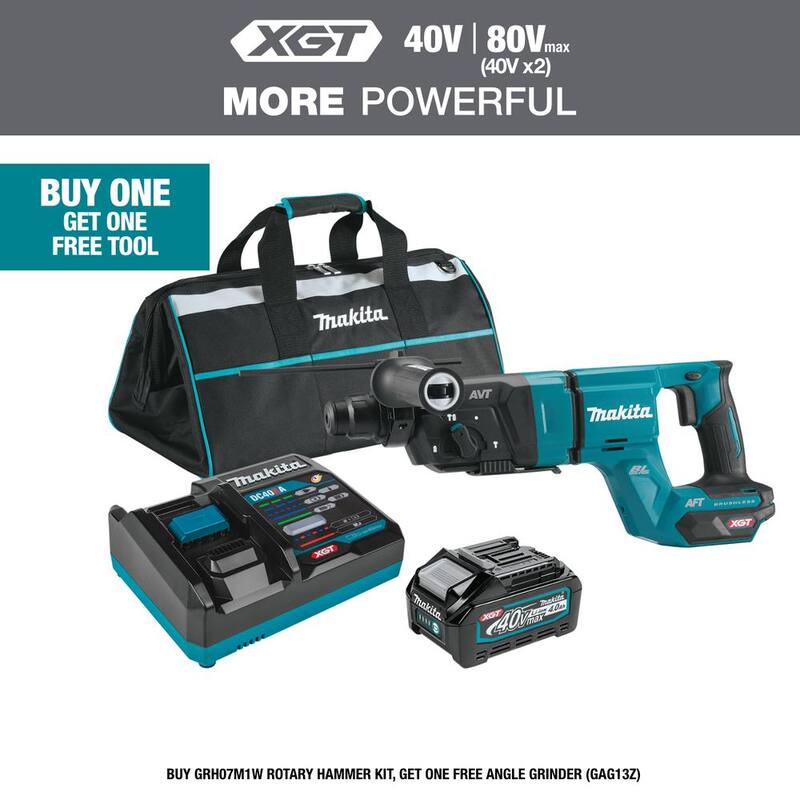 Martillo rotativo Makita inalámbrico sin escobillas XGT de 40V máximo con 1-1/8 pulgadas (empuñadura en D) Kit con extractor de polvo, AFT, capaz de AWS (4.0Ah) - GRH07M1W