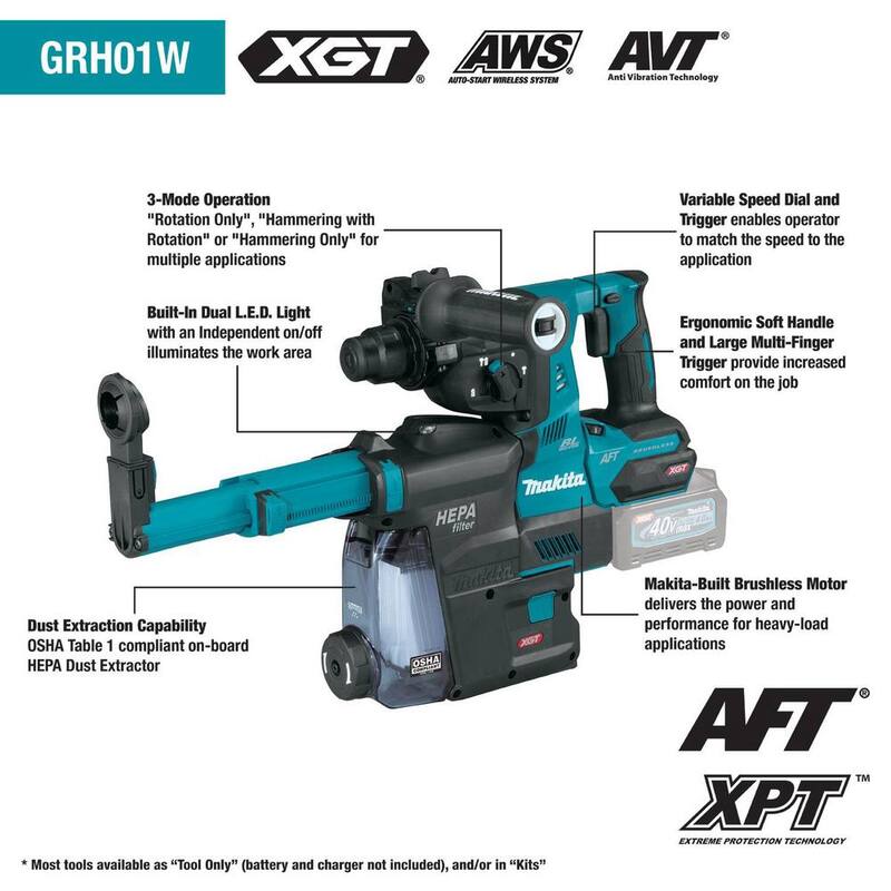 Makita 40V max XGT Kit de martillo rotativo inalámbrico sin escobillas de 1-1/8 pulgadas con extractor, AFT, Capacidad AWS (4.0Ah) - GRH01M1W