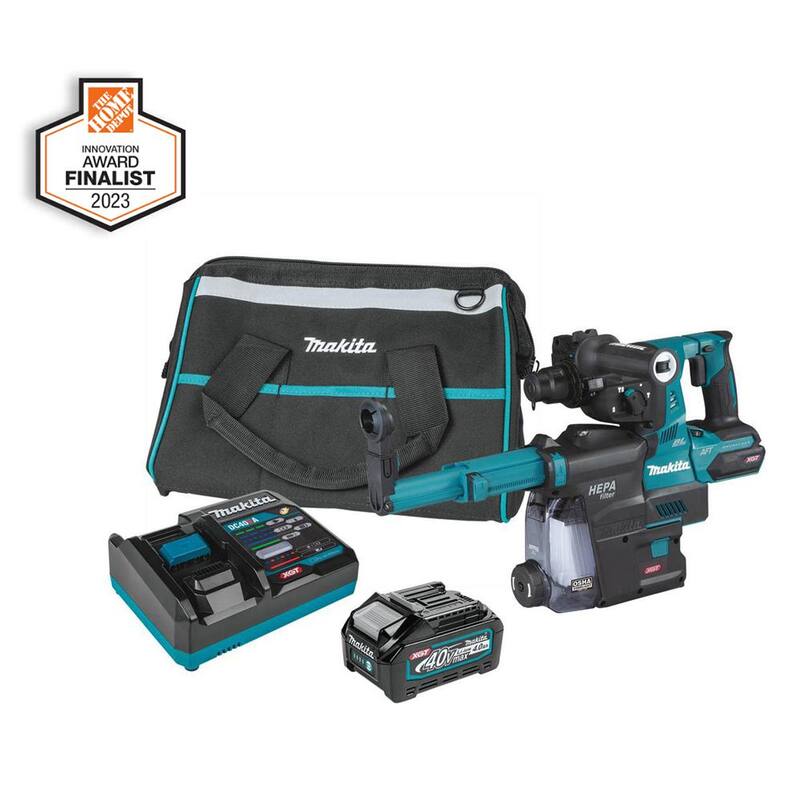 Makita 40V max XGT Kit de martillo rotativo inalámbrico sin escobillas de 1-1/8 pulgadas con extractor, AFT, Capacidad AWS (4.0Ah) - GRH01M1W
