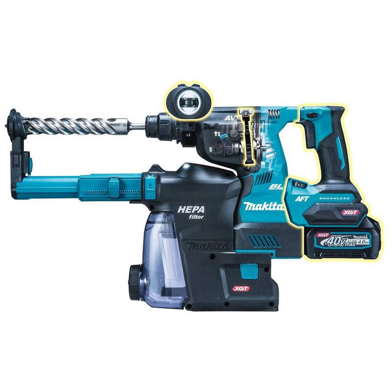 Makita 40V max XGT Kit de martillo rotativo inalámbrico sin escobillas de 1-1/8 pulgadas con extractor, AFT, Capacidad AWS (4.0Ah) - GRH01M1W