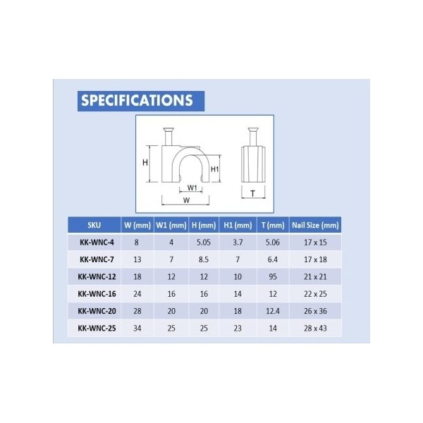 Kable Kontrol Cable Clip, PVC, 25 mm Bundle Dia., White, 14 mm L, 100 PK - KK-WNC-25