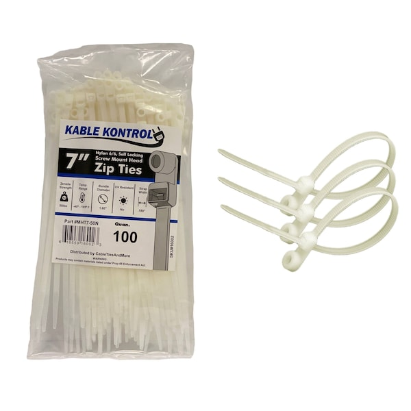 Kable Kontrol Cable Tie, 7 in L, 1.80 in Max Bundle Dia., Natural, Nylon 6/6, 50 lb Strength, 100 PK - MHT7-50-NATURAL
