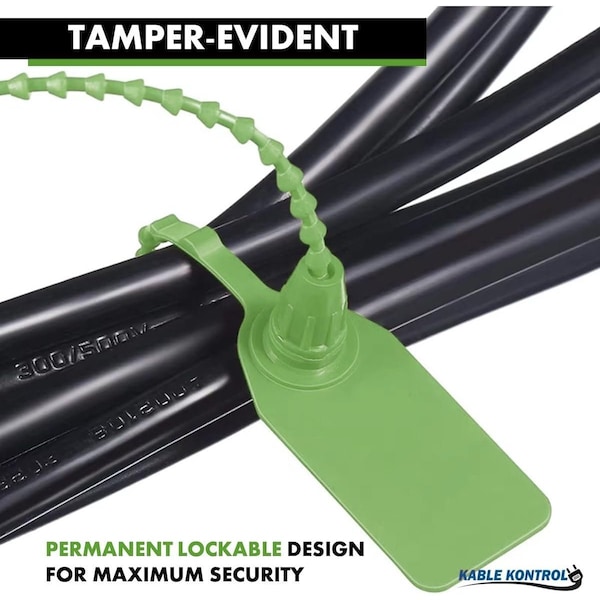 Kable Kontrol Pull Tight Cable Zip Tie Seals, Numbered Tamper Evident, 9in L, 20 Lbs Strength, Green, 50PK - CTPT-9-50-GN