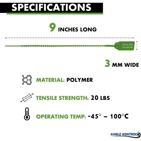 Kable Kontrol Pull Tight Cable Zip Tie Seals, Numbered Tamper Evident, 9in L, 20 Lbs Strength, Green, 50PK - CTPT-9-50-GN