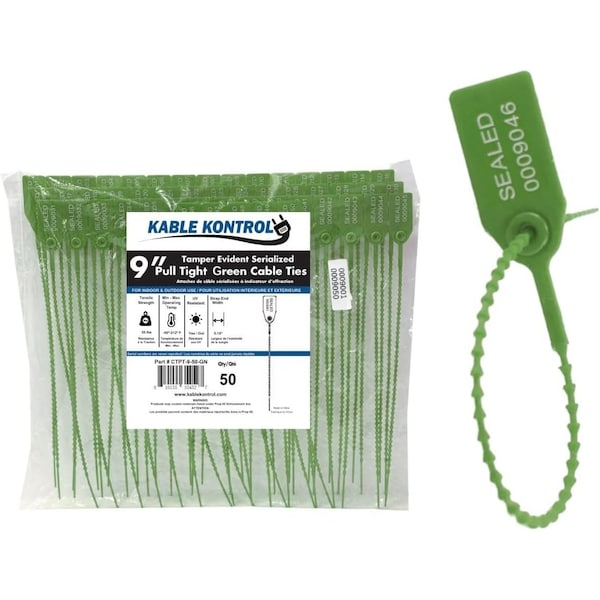 Kable Kontrol Pull Tight Cable Zip Tie Seals, Numbered Tamper Evident, 9in L, 20 Lbs Strength, Green, 50PK - CTPT-9-50-GN