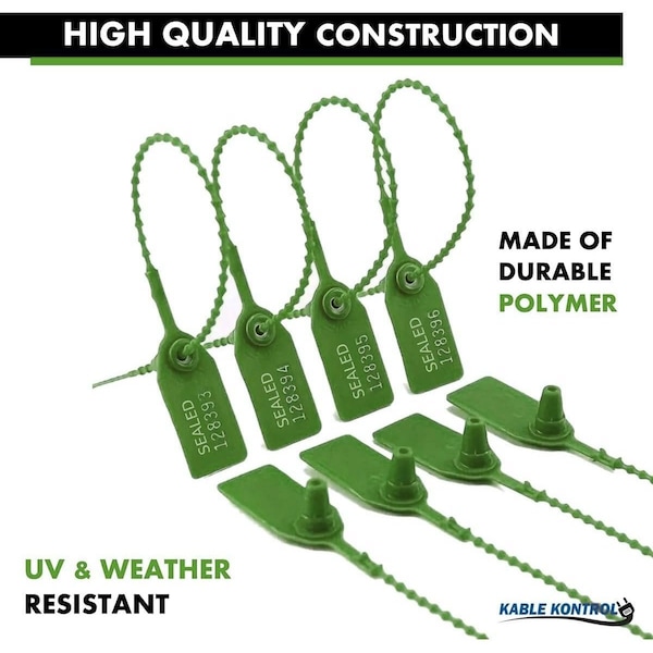 Kable Kontrol Pull Tight Cable Zip Tie Seals, Numbered Tamper Evident, 9in L, 20 Lbs Strength, Green, 50PK - CTPT-9-50-GN