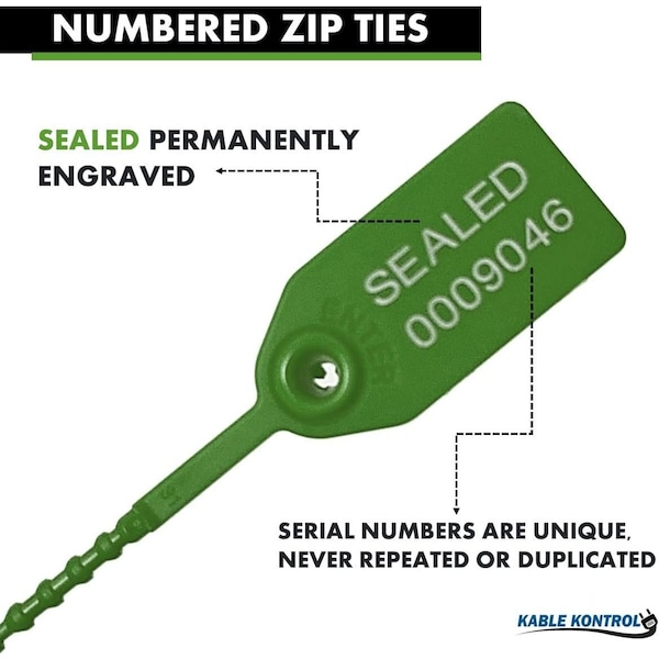 Kable Kontrol Pull Tight Cable Zip Tie Seals, Numbered Tamper Evident, 9in L, 20 Lbs Strength, Green, 50PK - CTPT-9-50-GN