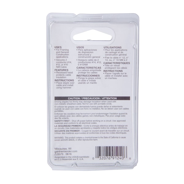 Gardner Bender Cable Staple, 12 in W Crown, 118 in L Leg, Metal, Graphite - MS-1550T