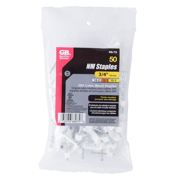 Gardner Bender Cable Staple, 34 in W Crown, 114 in L Leg, PlasticPolyethylene - PS-75