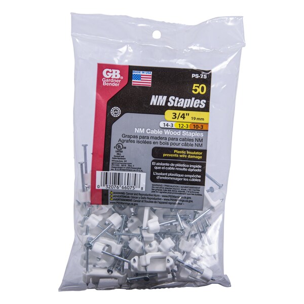 Gardner Bender Cable Staple, 34 in W Crown, 114 in L Leg, PlasticPolyethylene - PS-75