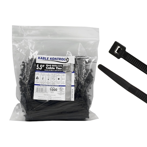 Kable Kontrol Cable Tie, 5-1/2 in L, 1-1/8 in Max Bundle Dia., Black, Nylon 6/6, 18 lb Strength, 1000 PK - CT506-M