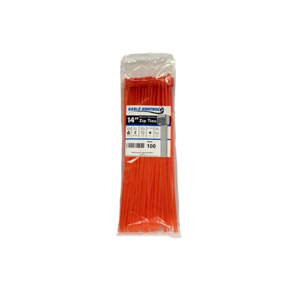 Kable Kontrol Cable Tie, 14 in L, 4.01 in Max Bundle Dia., Orange, Nylon 6/6, 50 lb Strength, 100 PK - CT265CL-ORANGE