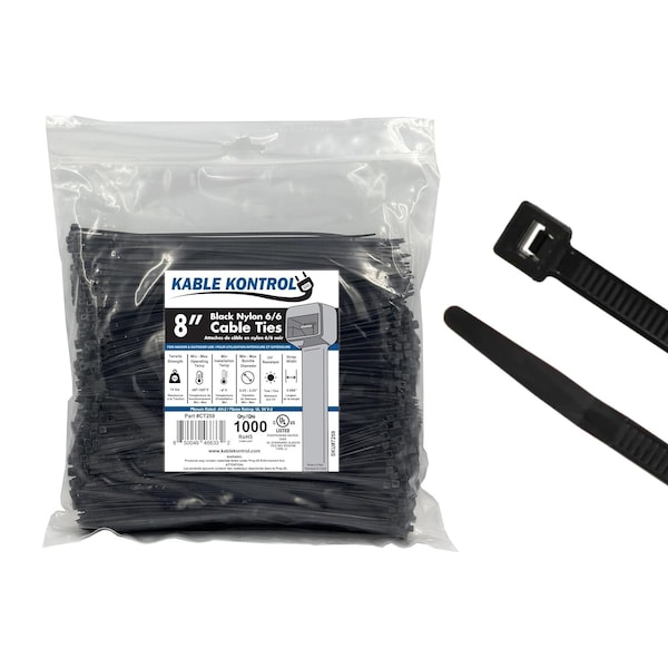 Kable Kontrol Cable Tie, 8 in L, 2.16 in Max Bundle Dia., Black, Nylon 6/6, 18 lb Strength, 1000 PK - CT259