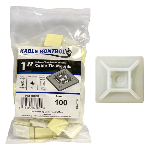 Kable Kontrol Kable Kontrol Adhesive Cable Tie Mounts - 1" Sq - Natural Nylon - 100 pcs - CT280