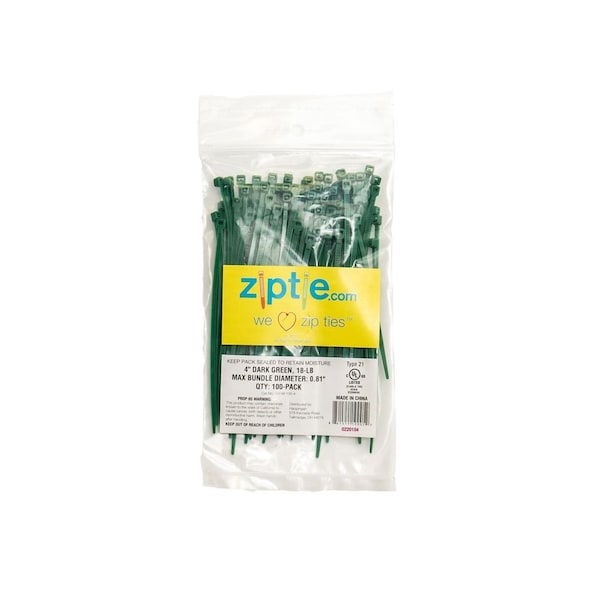 South Main Hardware Cable Tie, 4 in L, Dark Green, Nylon, 18 lb Strength, 100 PK - 220104