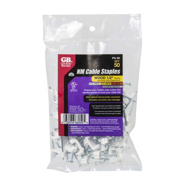 Gardner Bender Cable Staple, 12 in W Crown, 114 in L Leg, PlasticPolyethylene - PS-50