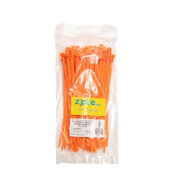 South Main Hardware Cable Tie, 8 in L, Hi-Vis Orange, Nylon, 75 lb Strength, 100 PK - 220147