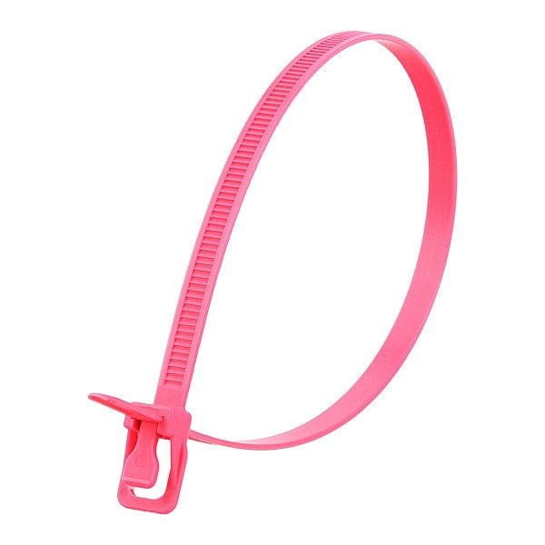 Retyz Reusable Cable Ties, 14 in L, 100 mm Max Bundle Dia., Fluorescent Pink, Nylon 6/6, 120 lb Strength - WKT-S14FP-HA