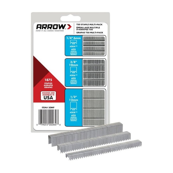 Arrow Fastener Arrow T50 3/8 in. W 18 Ga. Flat Crown Heavy Duty Staple Assortment 1875 pk - 50MP
