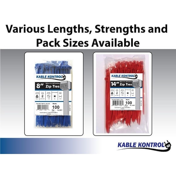 Kable Kontrol Cable Tie, 14 in L, 4.01 in Max Bundle Dia., Blue, Nylon 6/6, 50 lb Strength, 500 PK - CT254CL-BLUE