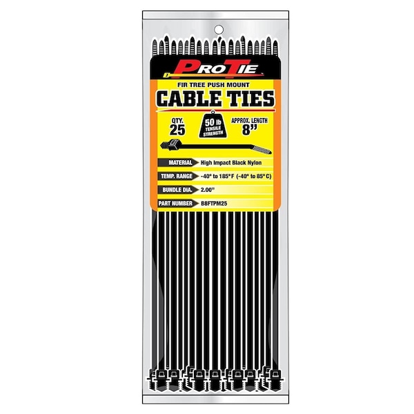 Tool Cable Tie, 8 in L, Black, Nylon 6/6, 50 lb Strength, 25 PK - TO3968380