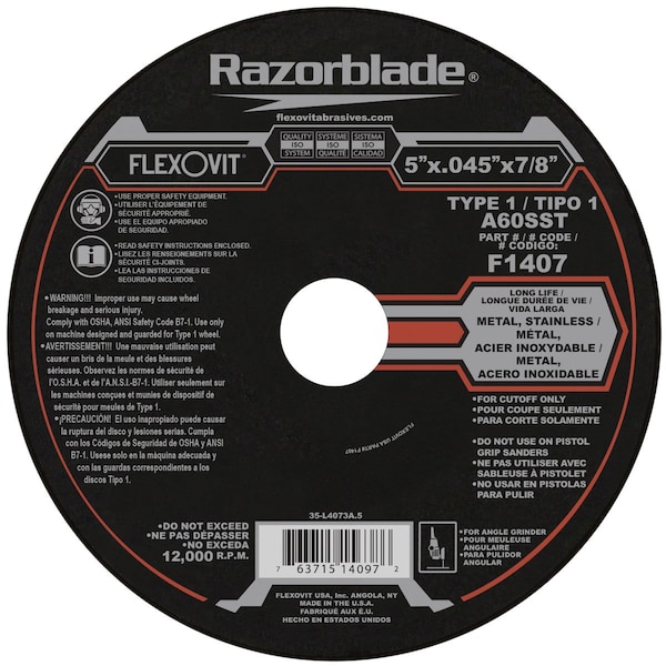 Disco de corte duradero Flexovit Razorblade Razorblade, 5 pulgadas de diámetro x 0.045 pulgadas de espesor, agujero central de 7/8 pulgadas, 60 granos - F1407