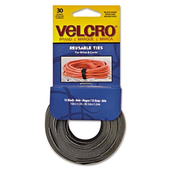 Velcro Brand Cable Tie, 15 in L, Black, Gray, Nylon, 25 lb Strength - 94257
