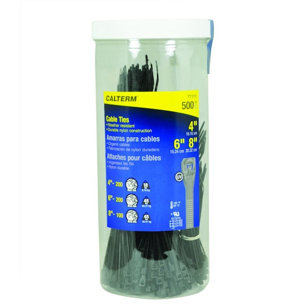 Gardner Bender Cable Tie Assortment, 4 in, 8 in L, Black, Nylon 6/6 - 71111