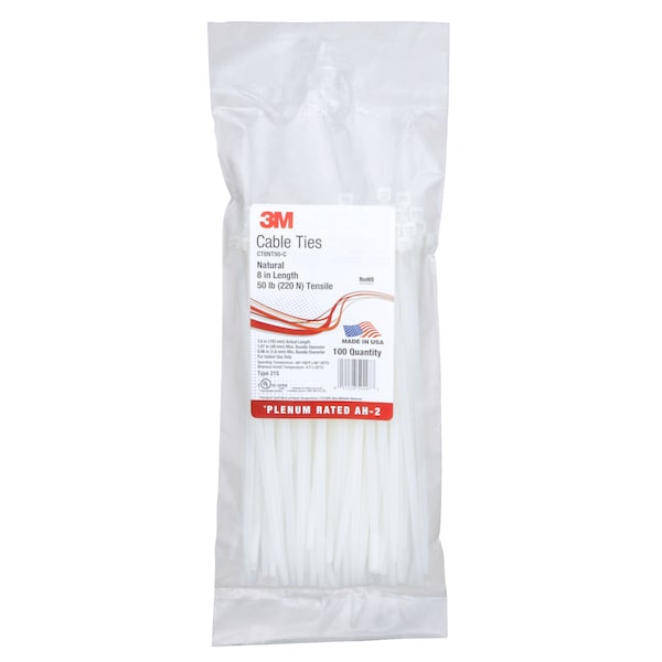 3M Cable Tie, 8 in L, 1-7/8 in Max Bundle Dia., Natural, Nylon 6/6, 50 lb Strength, 1000 PK - CT8NT50-C