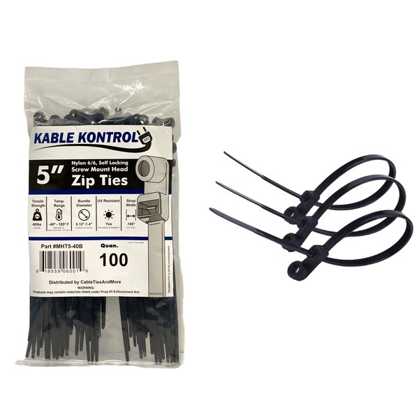 Kable Kontrol Cable Tie, 5 in L, 3 in Max Bundle Dia., Black, Nylon 6/6, 40 lb Strength, 100 PK - MHT5-40-BLACK
