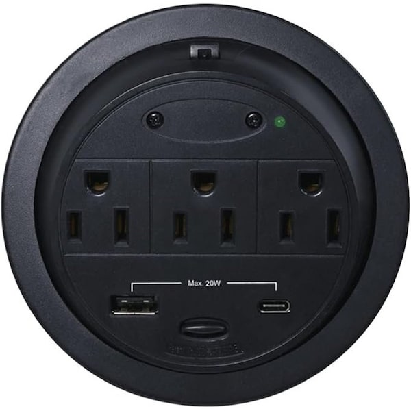 Kable Kontrol Powertap Desk Outlet Power Grommet, 3 Power Outlets + 1 Powered USB A & 1 Powered USB C - GMPT-3C